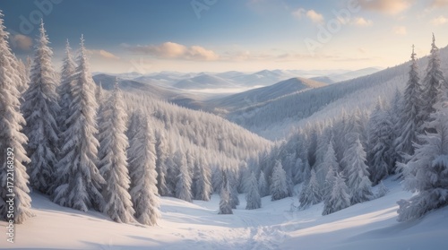 Snow covered pine forest in winter mountains landscape