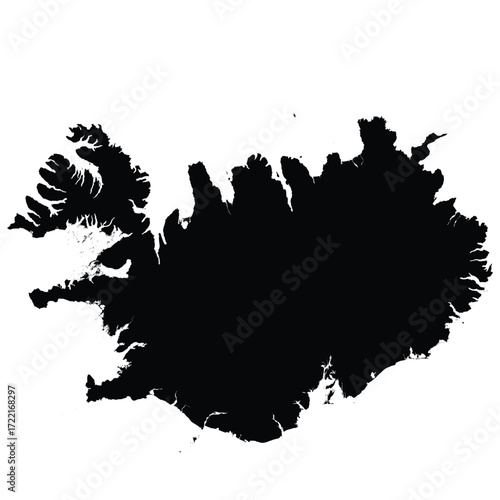 Editable black vector silhouette map of Iceland, showing its irregular coastline and jagged peninsulas against a white background.