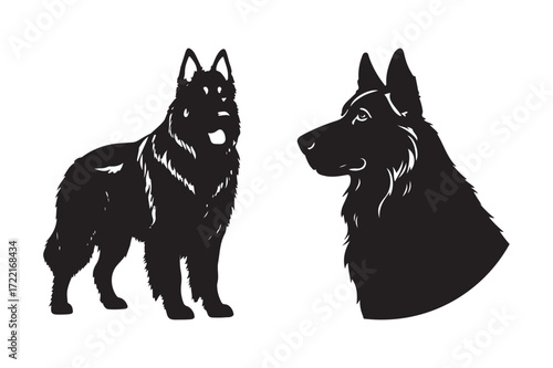 Black silhouette of a german shepherd dog standing and head profile
