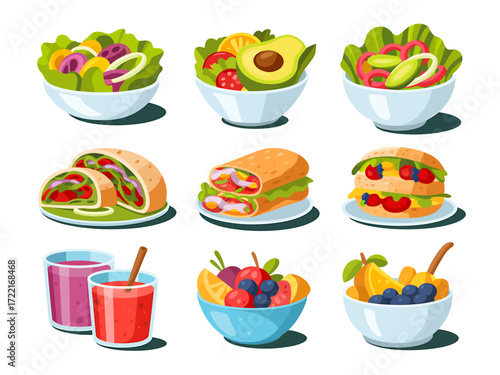 A collection of nine colorful and delicious food illustrations