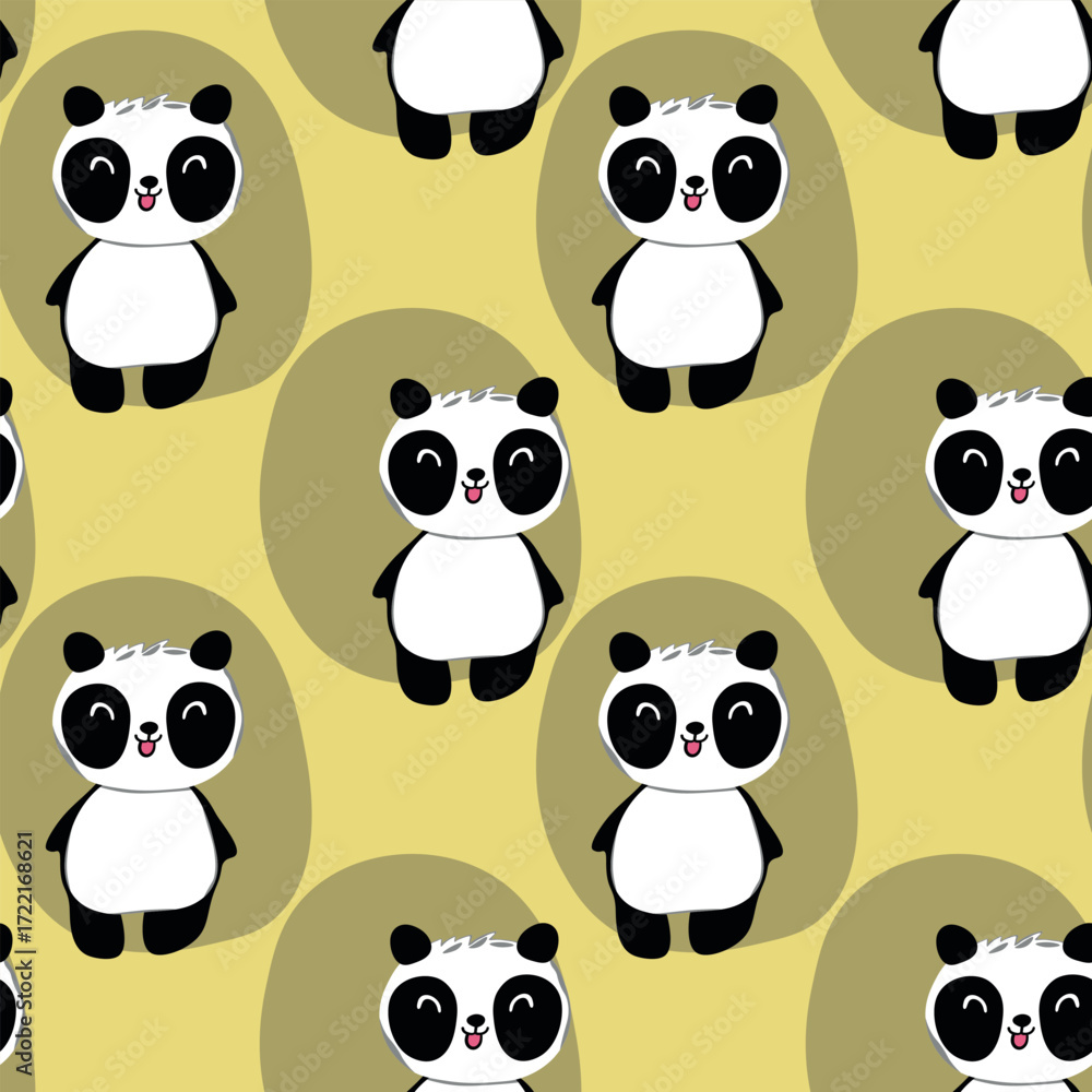 Obraz premium Seamless pattern with cute panda baby on color background. Funny asian animals. Card, postcards for kids. Flat vector illustration for fabric, textile, wallpaper, poster, gift wrapping paper.