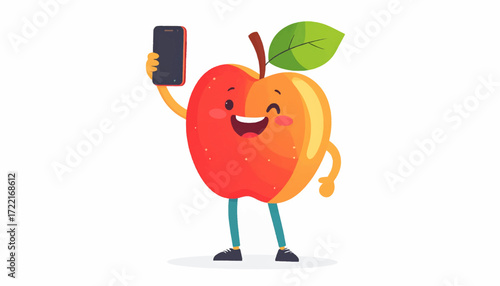 A cheerful cartoon apple character happily taking a selfie with its smartphone, showcasing a fun and engaging digital lifestyle