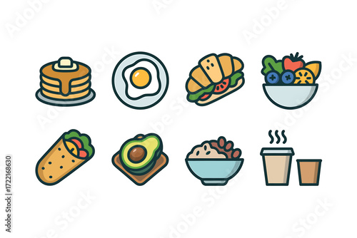 Set of 8 minimalist food icons in rgb color