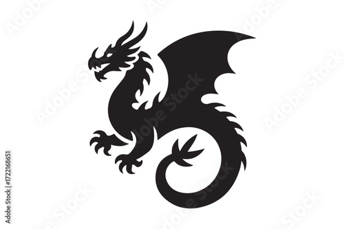 Silhouette of a fierce black dragon with wings spread