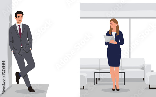 Businessman standing confidently in formal suit, businesswoman reading documents in modern office, teamwork collaboration, professional growth, career success, corporate strategy illustration
