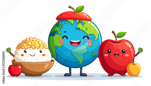 Happy Earth, Rice, and Apples A Cute Illustration of Healthy Eating