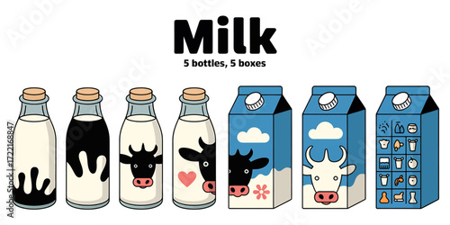 Product design mockup of five milk bottles on a clean background