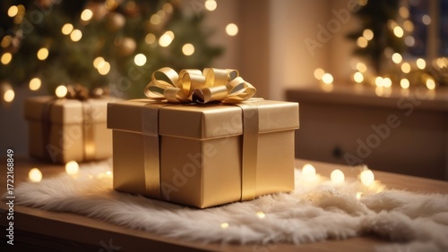 Golden Christmas gift box with ribbon in festive lights background