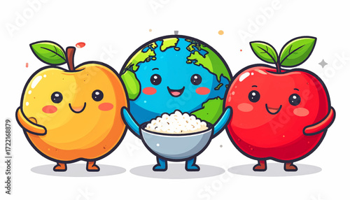 An adorable illustration of planet Earth flanked by smiling apple characters, representing a healthy global diet and food security