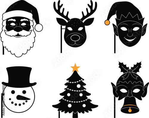 Christmas holiday costume masks, Santa Claus, reindeer, elf, snowman, Christmas tree, holly leaves, festive party props, winter celebration vector set