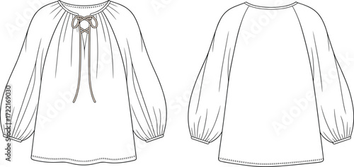 Blouse technical sketch, fashion illustration, puff sleeve, keyhole neckline, tie closure, gathered collar, front back view, garment design, vector drawing