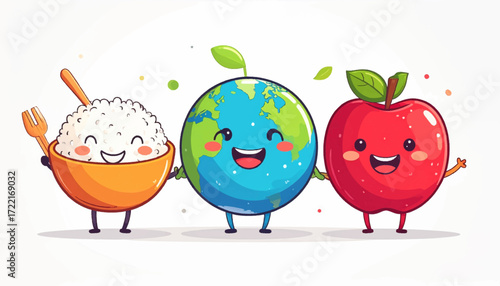 Happy rice, smiling Earth, cheerful apple cartoon promoting healthy eating, global wellness, and sustainable living in a vibrant, friendly illustration