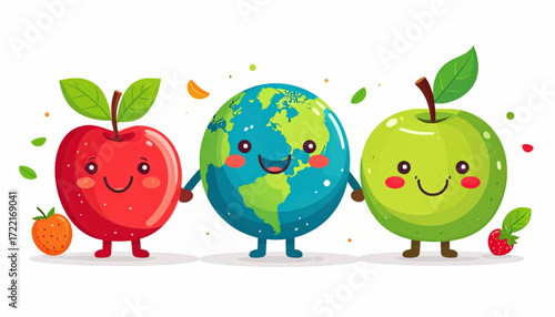 Cute cartoon red apple, green apple, and Earth characters happily holding hands, symbolizing unity, environmental care, and a healthy, sustainable future for all