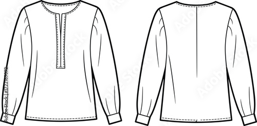 Blouse technical sketch, fashion illustration, split neckline, puff sleeve, long sleeve, front back view, garment design, vector drawing