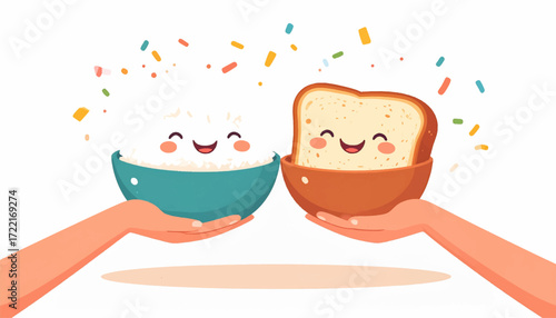 Cute Bowl of Rice and Slice of Bread Characters Sharing a Moment of Joy with Confetti Falling
