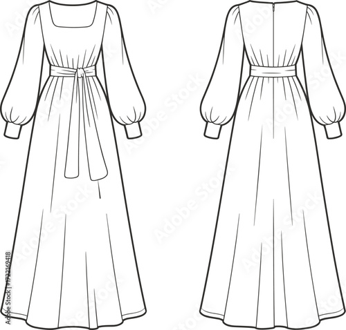 Elegant dress fashion illustration, technical sketch, puff sleeve gown, square neckline, long sleeve, front back view, garment design, vector art