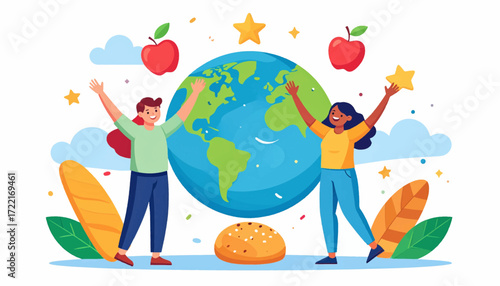 Diverse individuals enthusiastically celebrate around a vibrant Earth globe, promoting global unity, peace, and environmental awareness with joy and positive energy for a sustainable future