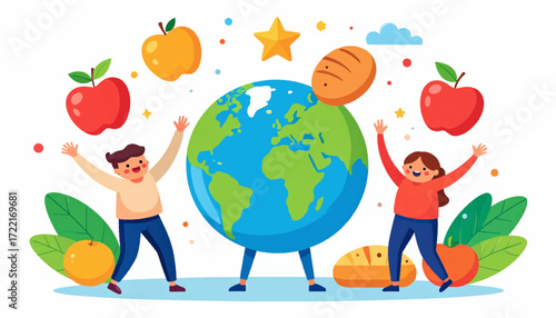 Joyful illustration of people celebrating a healthy planet with fresh produce and bread, symbolizing global well-being and sustainable living