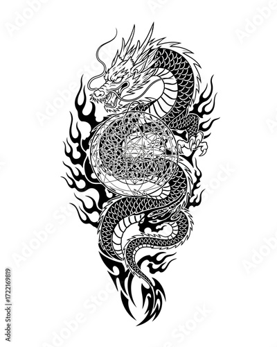Dynamic vector illustration of an intricate oriental dragon surrounded by fiery tribal patterns, symbolizing power, wisdom, and protection in bold black and white