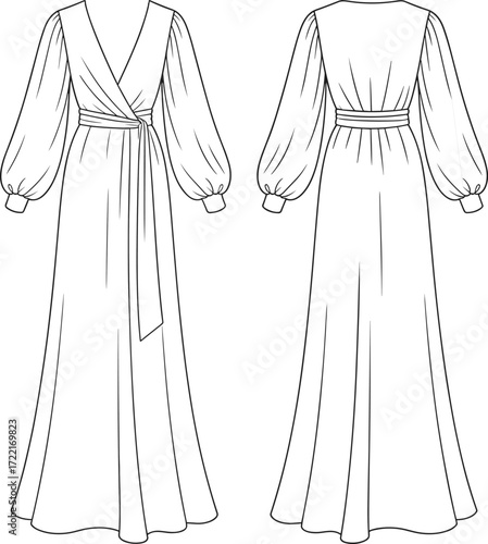 Long dress technical sketch, fashion illustration, bishop sleeve, deep V neckline, sash belt, front back view, garment design, vector drawing