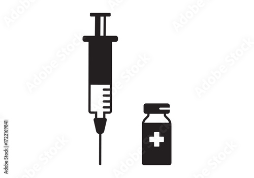 	
Syringe and vial icon, medicine needle inject pictogram. Medical vaccine shot and glass bottle dose. Black line and flat drug isolated on white background. Healthcare simple vector illustration