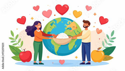 Caring for the Earth People Sharing Resources, Promoting Global Harmony, Surrounded by Hearts