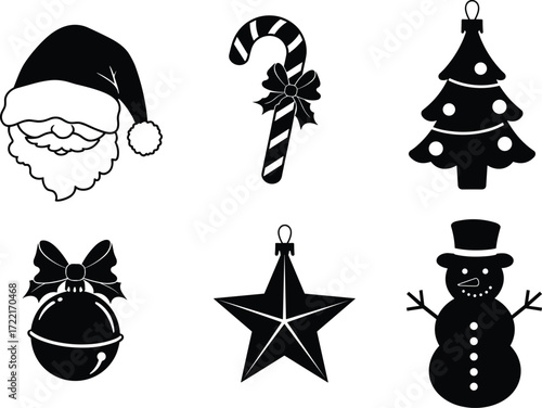 Christmas holiday icons, Santa Claus face, candy cane, Christmas tree, jingle bell, star ornament, snowman, festive vector illustration set