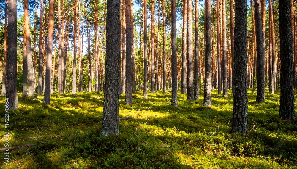Fototapeta premium Sunlight filters through pine trees