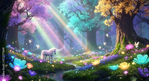 Unicorn in a magical forest with rainbow light and glowing flowers by a stream