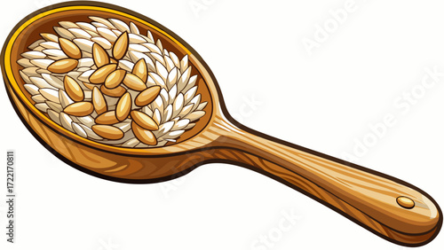 Rice grains in wooden spoon isolated on white background, detailed vector illustration, staple food ingredient, perfect for culinary graphics, healthy packaging, kitchen decor, organic cooking themes,