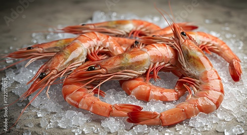 Close-up of Fresh Raw Shrimp on Ice, Ready to be Cooked. Showcasing the natural color and texture of the seafood, perfect for culinary content