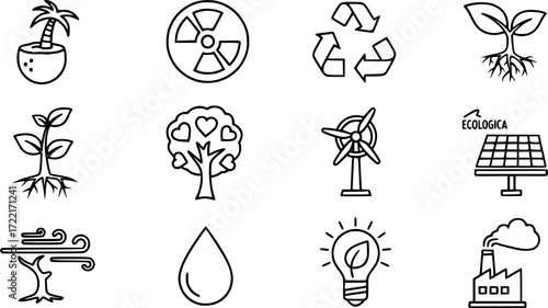 ecology icons such as coconut tree, nuclear energy, recycling, plant and root, tree with hearts, ecological energy source, wind bending tree vector icons for report