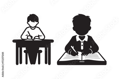 Two students studying and writing at desks