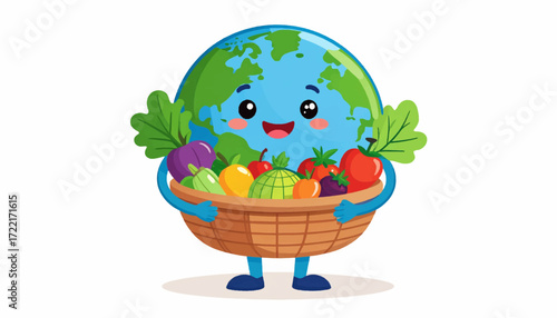 Cute cartoon Earth globe mascot holding a basket of fresh fruits and vegetables, symbolizing a healthy vegan diet and sustainable global food