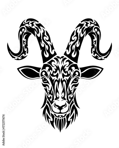 Dynamic black and white vector illustration of a majestic goat head, adorned with intricate tribal patterns and elaborate horns, embodying strength and artistic flair for diverse creative projects
