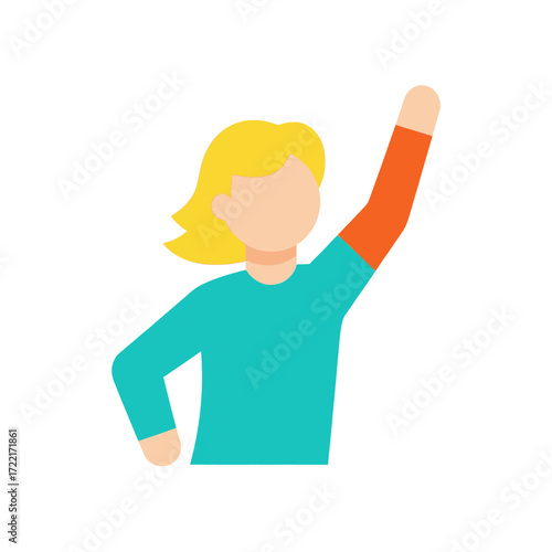 A minimalist flat design illustration of a faceless person with blonde hair raising one arm in the air.