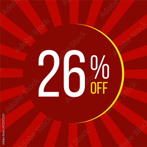 26% off label illustration featuring a red circular promotional label with white and yellow text on a red background - limited time discount offer label.