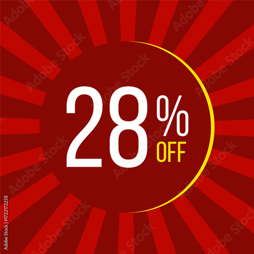 28% off label illustration featuring a red circular promotional label with white and yellow text on a red background - limited time discount offer label.