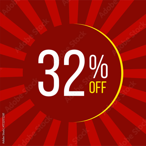 32% off label illustration featuring a red circular promotional label with white and yellow text on a red background - limited time discount offer label.
