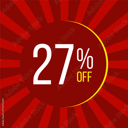27% off label illustration featuring a red circular promotional label with white and yellow text on a red background - limited time discount offer label.