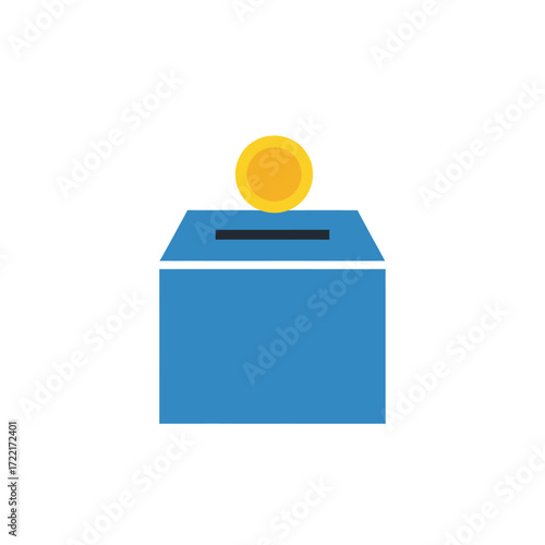 Donation box with a coin being dropped into it, blue box, yellow coin.