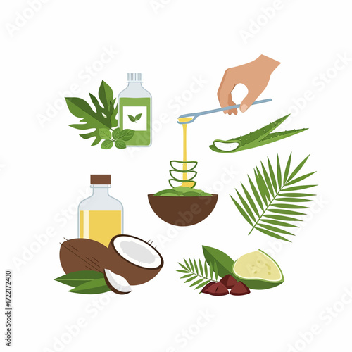 Set of natural ingredients for homemade cosmetics, including coconut oil, aloe vera, and various herbs.