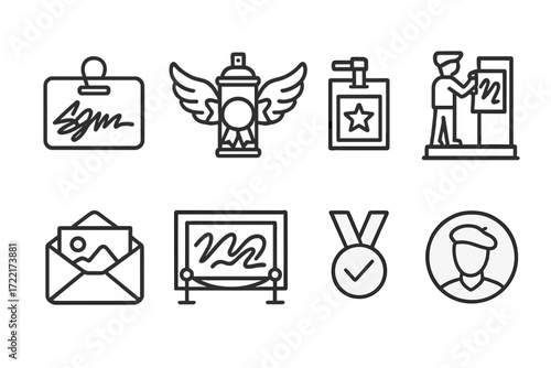 Artist Icon Set. Line style icons of artist recognition: signature tag, spray award, festival badge, live mural trophy, gallery