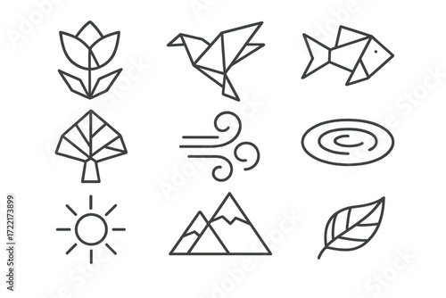 Origami Nature Icons. Line style icons of origami symbolism in nature: blooming flower, flying bird, flowing fish, strong tree,