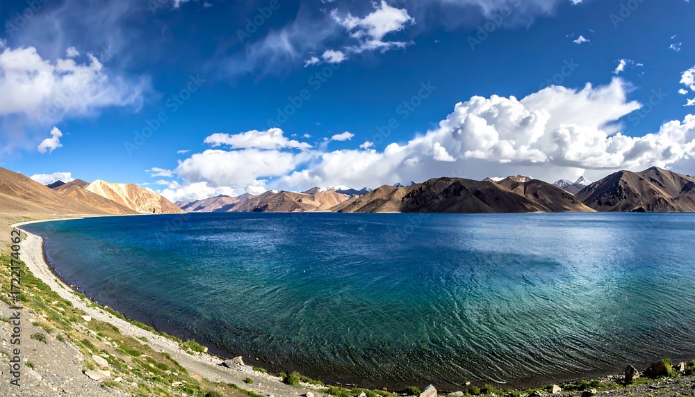 Naklejka premium Panoramic view of a serene lake nestled amidst mountains