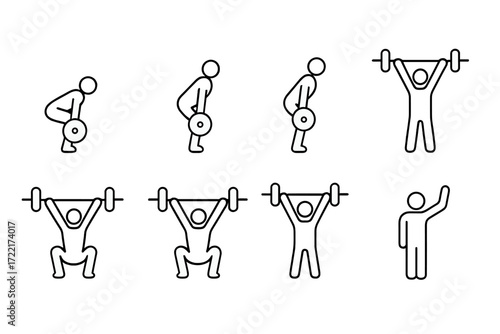 Snatch Sequence Icons. Line style icons of snatch sequence: wide grip setup, lift-off, knee contact, hip drive, pull under, deep