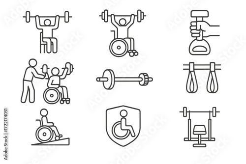 Adaptive Weightlifting Icons. Line style icons of adaptive weightlifting: seated press, wheelchair lifter, adaptive grip, coach