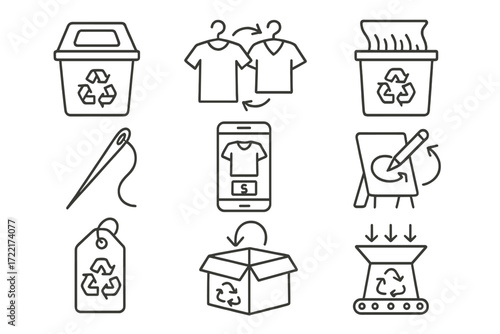 Fashion Recycling Icons. Line style icons of fashion recycling methods: textile bin, clothes swap, fabric shredder, repair needle,