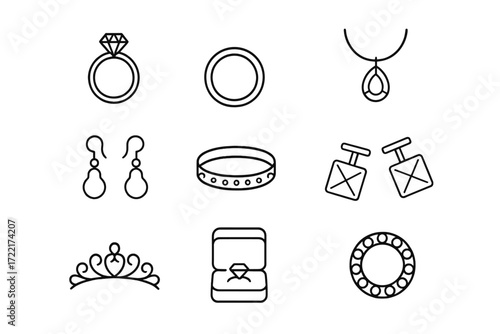 Wedding Jewelry Icons. Line style icons of wedding jewelry sets: diamond engagement ring, wedding band, matching pendant, pearl