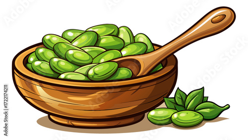 Broad beans in a wooden bowl and spoon isolated on white background, detailed vector illustration, nutritious legumes, perfect for culinary graphics, healthy food packaging, organic cooking themes, 